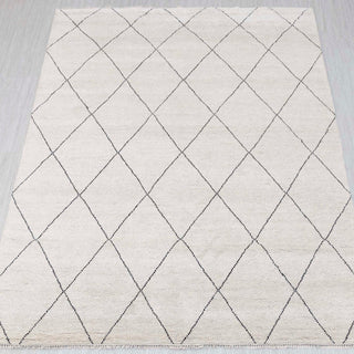 Beni Ourain hand-knotted rug in ivory and black with diamond lattice design, 9x12 size.
