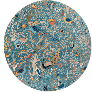 Blue Birds Garden Scene Premium Quality Wool Handmade Round Rug
