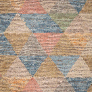 Bohemian hand-knotted rug with geometric triangle motif in pastel beige, blue, pink hues. 8x10 ft.