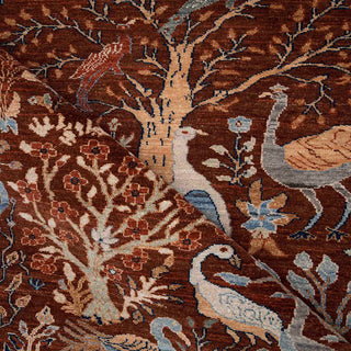Brown birds-and-garden wool rug, dense pictorial 9x12 carpet ideal for living rooms, studies, libraries