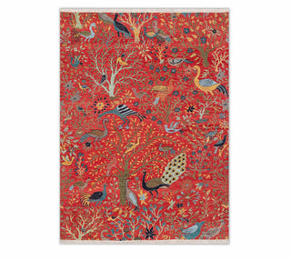 Red Colorful Peacock Beautiful Garden Scene Fine Quality Handmade Wool Rug