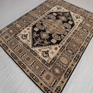 Caucasian-style hand-knotted rug with geometric medallion and border motifs in black, tan, beige palette.