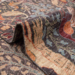 Charcoal bird-and-floral wool rug, 9x12 living room carpet, durable low pile, fringed edges