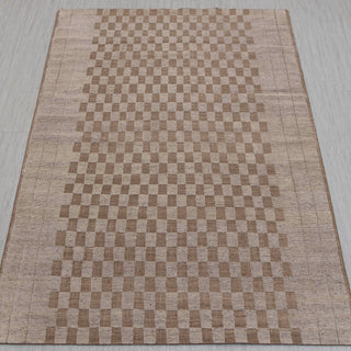 Checkered hand-knotted rug in beige taupe with geometric grid design. 8x10 ft low-pile wool