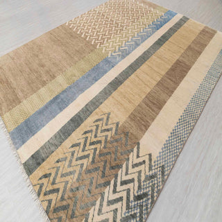 Contemporary Indian hand-knotted rug with chevron motif in taupe, ivory, blue, large 9x12 size.