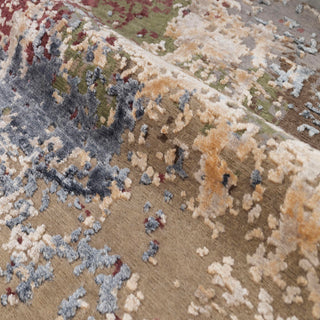 Contemporary Persian-style hand-knotted rug with abstract motif in beige, burgundy, navy tones.