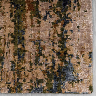 Contemporary Persian-style hand-knotted rug with abstract motif in olive, gold, blue tones

