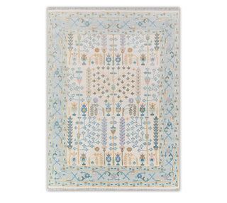Cream Blue Garden Pine Tree Of life Rug Modern Premium Wool Hand Knotted Turkish Oushak Rug 