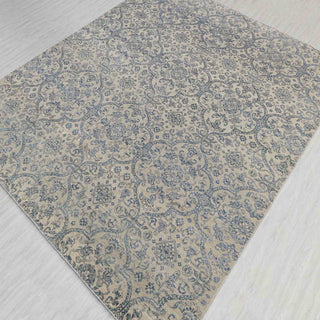 Damask hand-knotted rug in beige navy with floral lattice design. 8x10 ft area rug