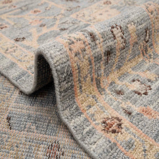 Durable wool 8x10 living room rug, low pile, grey field, camel border, elegant Oushak statement carpet.