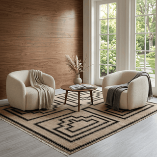 Flatweave camel wool area rug, strong black geometric frames, durable 8x10 carpet for dining or lounge.