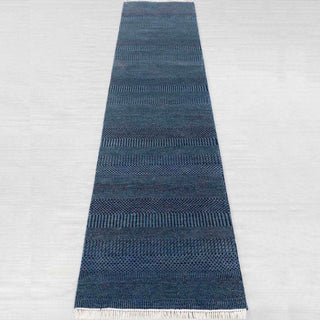 Flatweave hand-knotted rug in indigo and navy with horizontal geometric stripe design, 2.6x10 size.