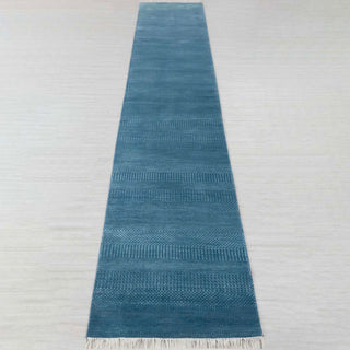 Flatweave hand-knotted rug in teal blue with subtle geometric stripe design, 2.6x14 hallway size.