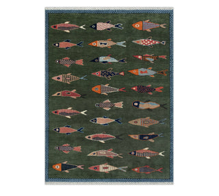 Pisces 5x8 Hand Knotted Fish Motifs Soft Wool Rug
