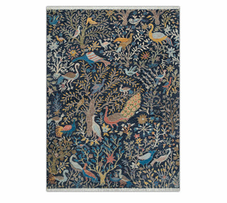 6x9 Navy Birds Peacock Garden Scene Wool Rug