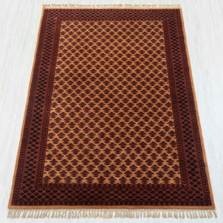 Gabbeh-style hand-knotted rug in beige, rust, brown with small boteh lattice pattern design, 4x6 ft