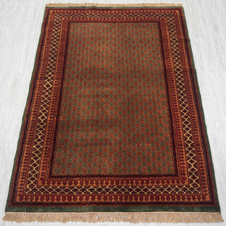 Gabbeh-style hand-knotted rug in olive green, rust, gold with tiny boteh lattice design, 4x6 ft size