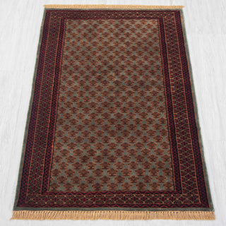 Gabbeh-style hand-knotted rug in rust, teal, burgundy with small boteh lattice design, 3x5 ft
