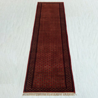 Gabbeh-style hand-knotted runner rug in deep red, brown with lattice pattern design, 2.6x10 ft