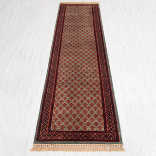 Gabbeh-style hand-knotted runner rug in rust, teal, burgundy with lattice boteh pattern design, 2.6x8.