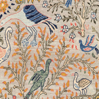 Grey bird-and-floral wool rug, 6x9 living room carpet, durable low pile, fringed edges