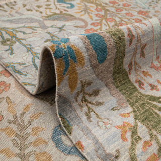 Grey bird-and-floral wool rug, extra-large 10x14 living room carpet, low pile, fringed edges