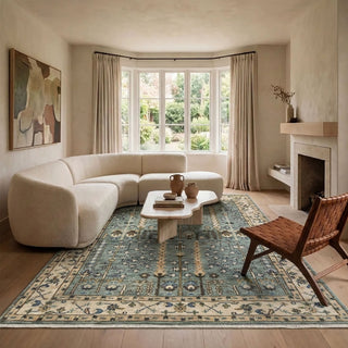 Hand-knotted rug in teal and cream with tree-of-life garden design, 8x10 ft