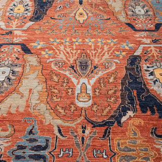 Hand-knotted area rug with dramatic tree of life design in red navy teal shades, 6x9, plush pile for living room.