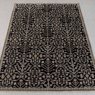 Hand-knotted rug in black and beige with geometric botanical Oushak design, 8x10 ft