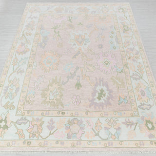 Hand-knotted rug in blush, mint, and ivory with soft pastel Oushak floral design, 9x12 ft