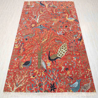 Hand-knotted rug in bright red with birds-and-garden paradise design, 6x9 ft