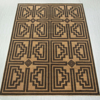 Hand-knotted rug in camel brown and black with bold geometric maze block pattern design.