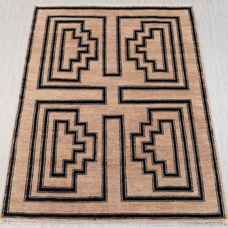 Hand-knotted rug in camel tan and black with bold stepped geometric panel pattern design, 8x10.