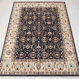 Hand-knotted rug in charcoal, taupe and ivory with geometric Persian medallion lattice pattern design.