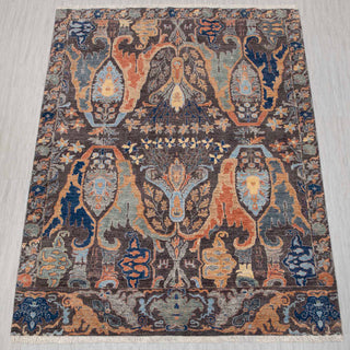 Hand-knotted rug in charcoal, teal, and rust with bold large-scale damask pattern, 8x10.