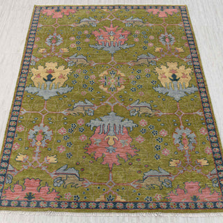 Hand-knotted rug in chartreuse green with pink and yellow Oushak medallion design, 8x10 ft