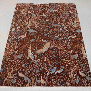 Hand-knotted rug in chocolate brown with birds-and-garden paradise design, 9x12 ft