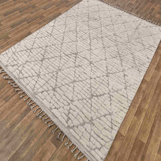 Hand-knotted rug in cream and grey with Moroccan diamond lattice pattern design, 8x10.