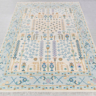 Hand-knotted rug in ivory and aqua blue with pastel tree-of-life floral design, 8x10 ft