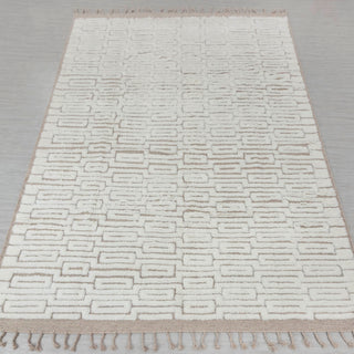 Hand-knotted rug in ivory and beige with stacked rectangular geometric pattern design