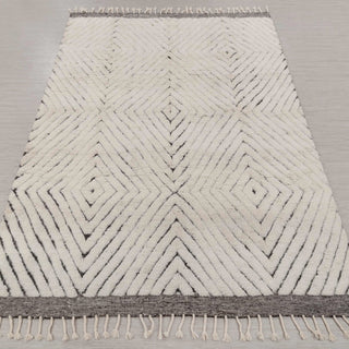 Hand-knotted rug in ivory and charcoal with concentric diamond line pattern design, 8x10.