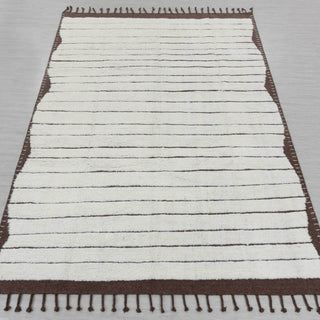 Hand-knotted rug in ivory and chocolate brown with horizontal stripe pattern design
