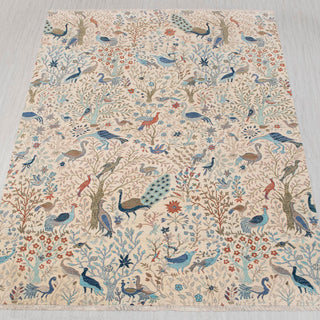 Hand-knotted rug in ivory and teal with birds-and-garden paradise design, 10x14 ft