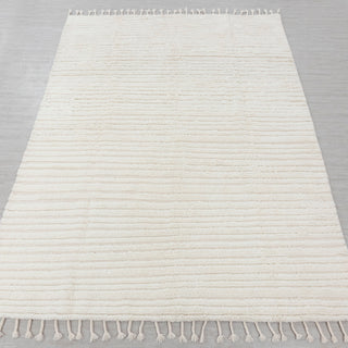 Hand-knotted rug in ivory with horizontal ribbed stripe design and fringed edges, 8x10.