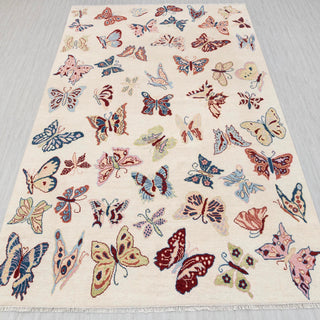 Hand-knotted rug in ivory with multicolor butterfly design, 9x12 ft large area carpet