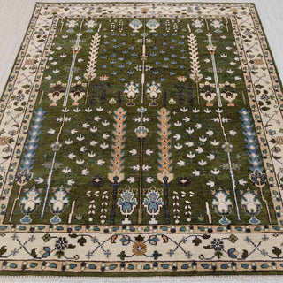 Hand-knotted rug in olive green and ivory with Persian garden floral pattern design, ideal 8x10.