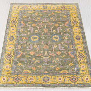Hand-knotted rug in olive green, yellow, and blue with allover floral pattern, 9x12.