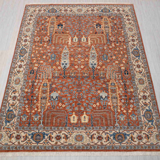 Hand-knotted rug in rust, ivory and blue with intricate Persian garden pattern design.