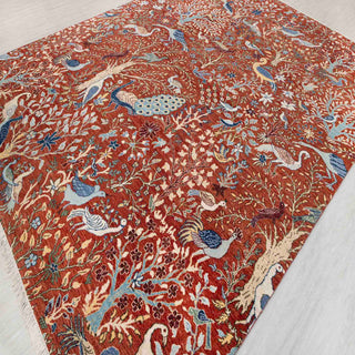 Hand-knotted rug in rust red with birds-and-garden paradise design, 9x12 ft