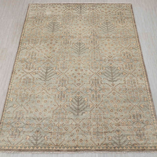 Hand-knotted rug in sage green and beige with geometric botanical Oushak design, 9x12 ft